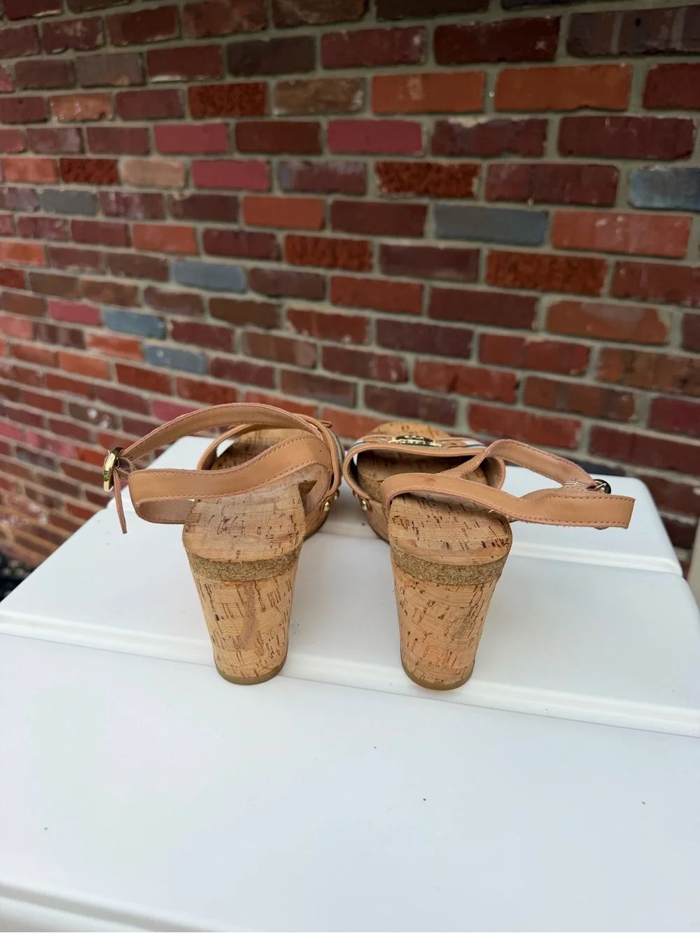 Tommy Hilfiger Tan Cork Wedge Sandals with Navy and White Stripes